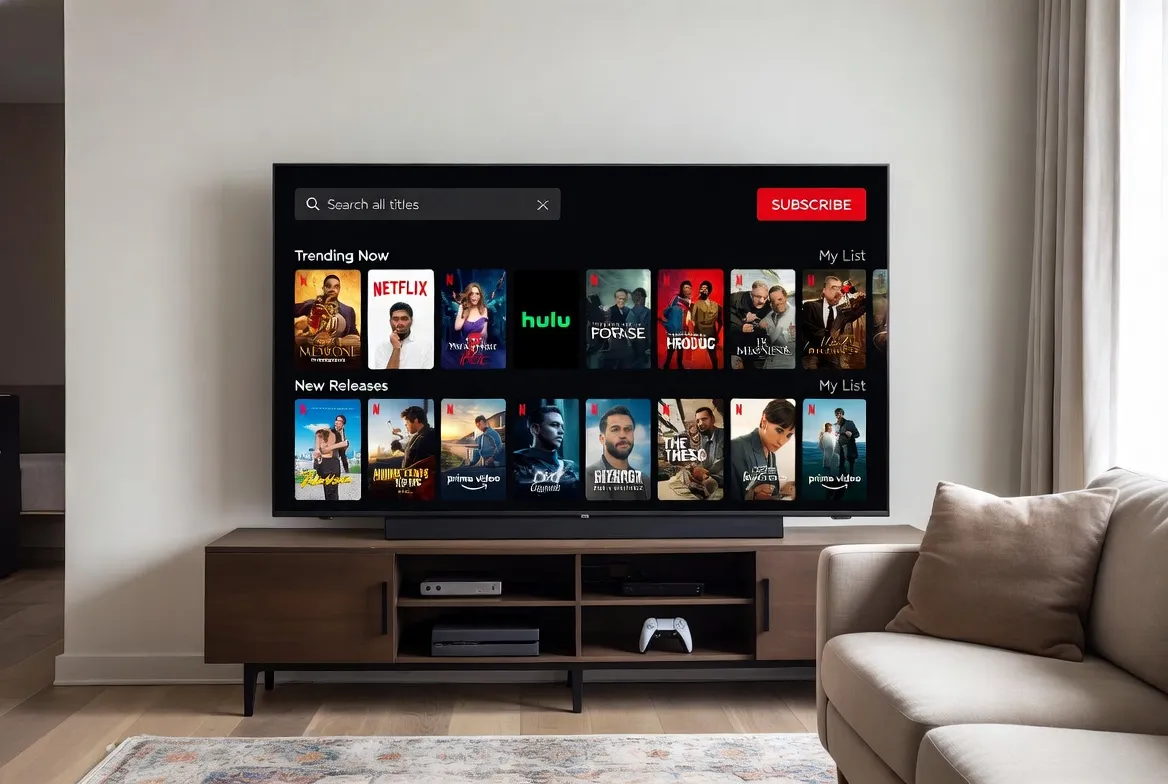 Smart TV showing Netflix, Hulu, Prime Video and more in a unified IPTV interface