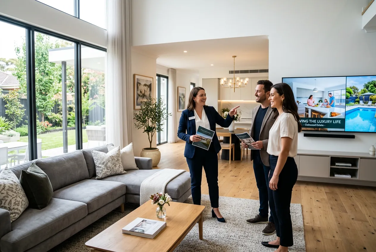 Real estate agent using IPTV display during an open house showing