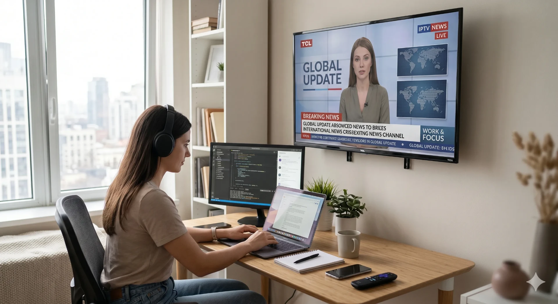 Remote worker streaming IPTV news in the background while focused at desk