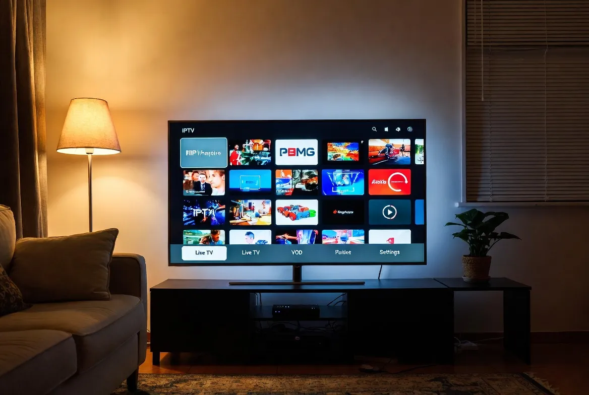 Retiree-friendly living room with a TV showing live IPTV channels and a remote on the table