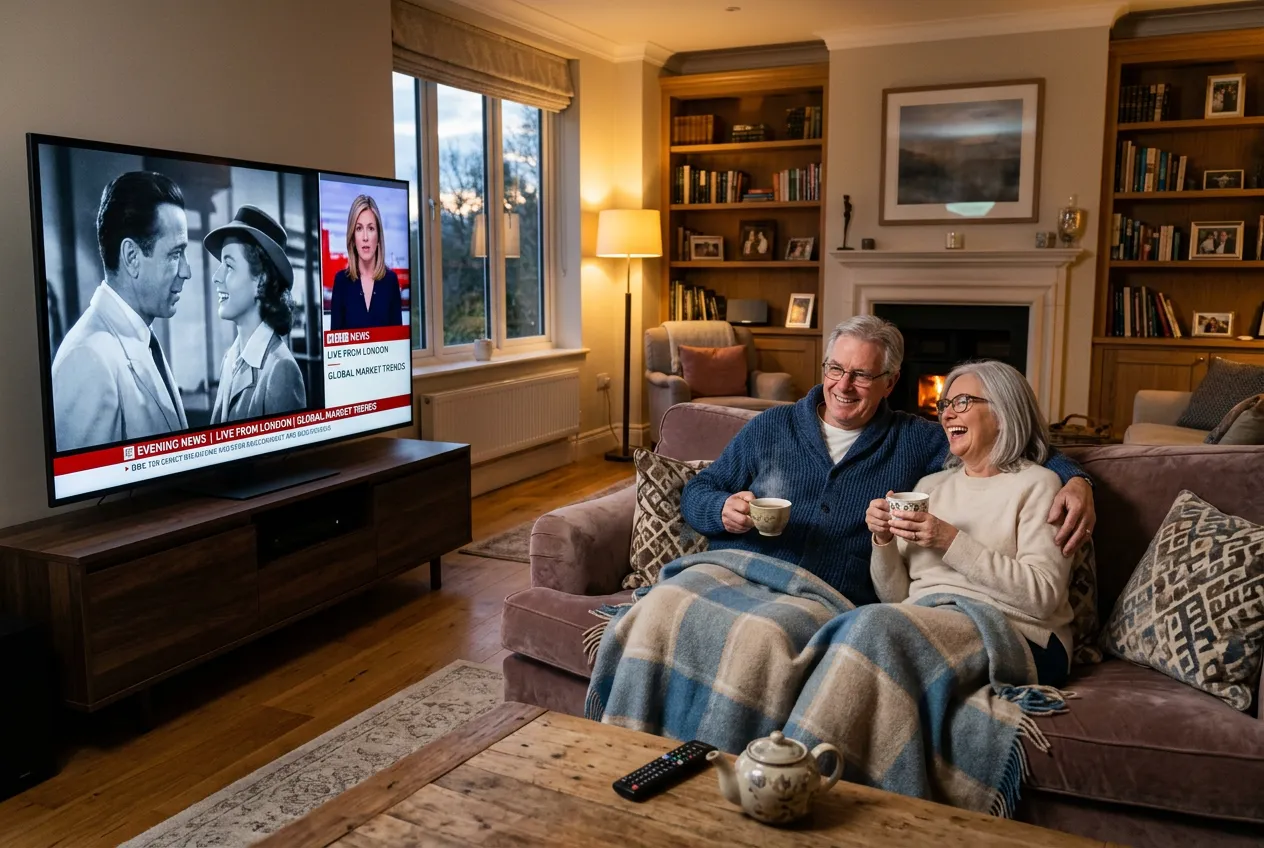 Senior couple watching classic movie and BBC news on a TV in a cozy living room