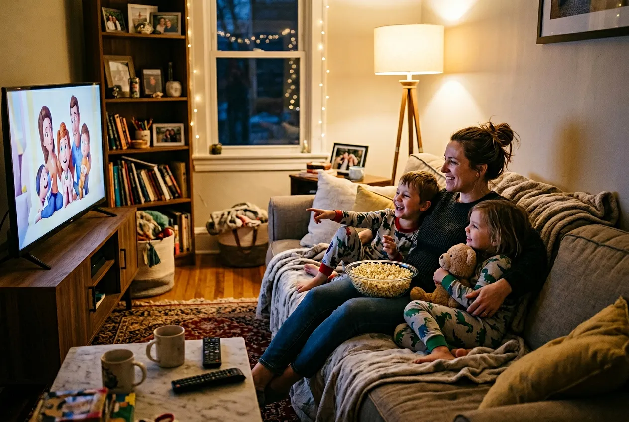 Single mom with two kids snuggled on couch watching an animated family movie