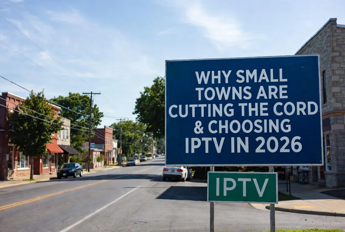 Small town main street with sign about cutting cable and choosing IPTV in 2026