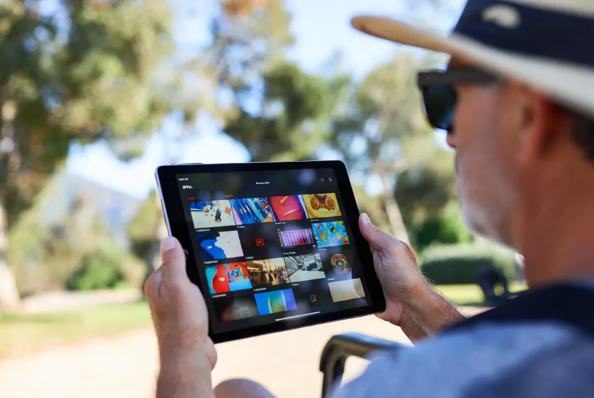 Snowbird traveler watching home channels on a tablet abroad via IPTV