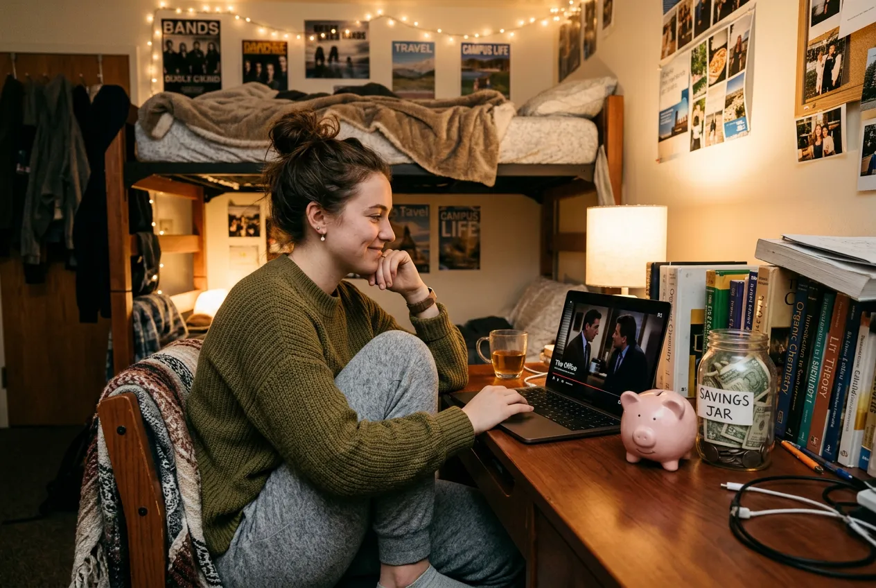 College student watching IPTV on a laptop in a cozy dorm room with a savings jar