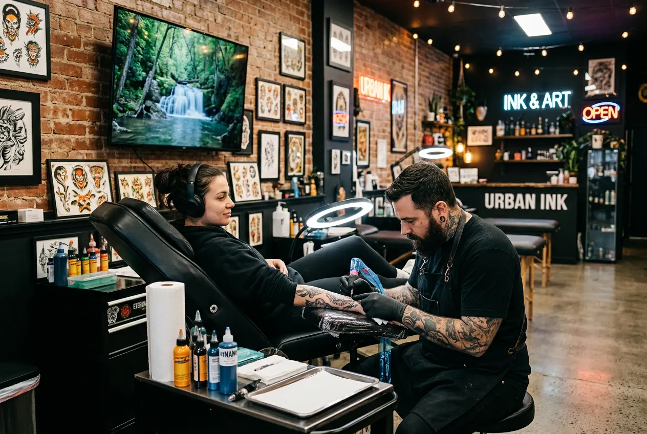 Tattoo studio using IPTV nature scenes to calm nervous clients