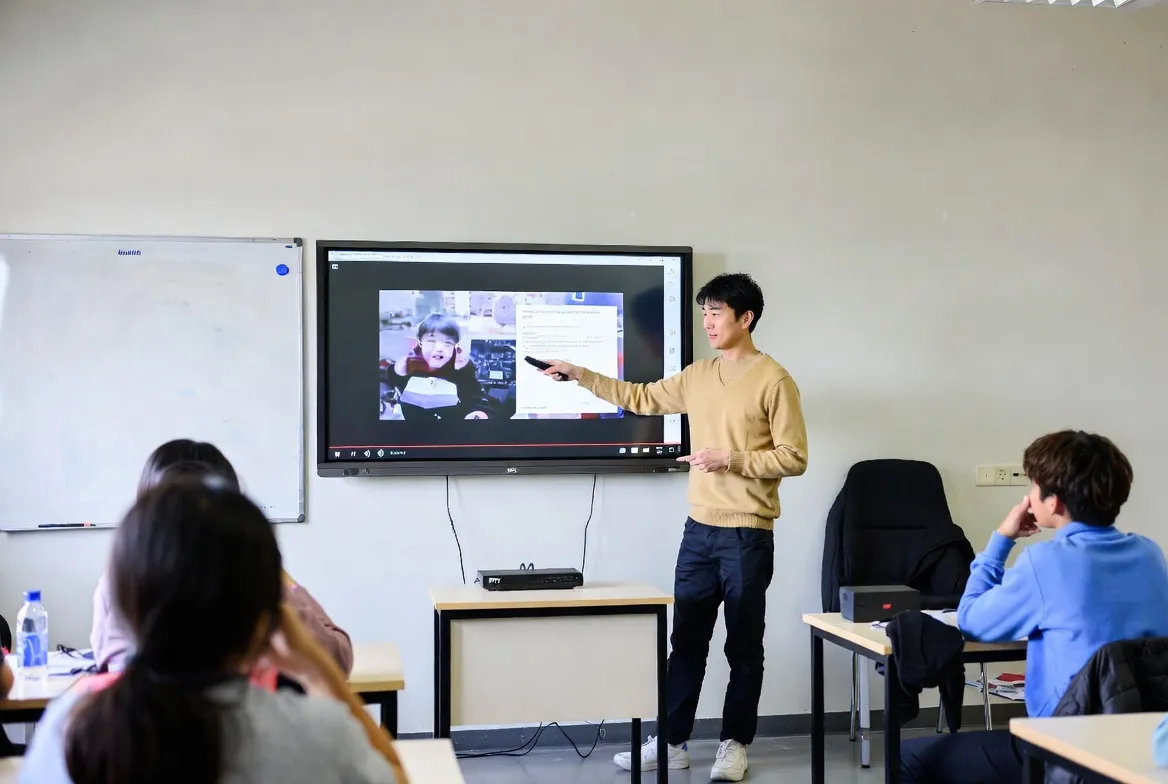 Teacher using IPTV documentary channels in a modern classroom