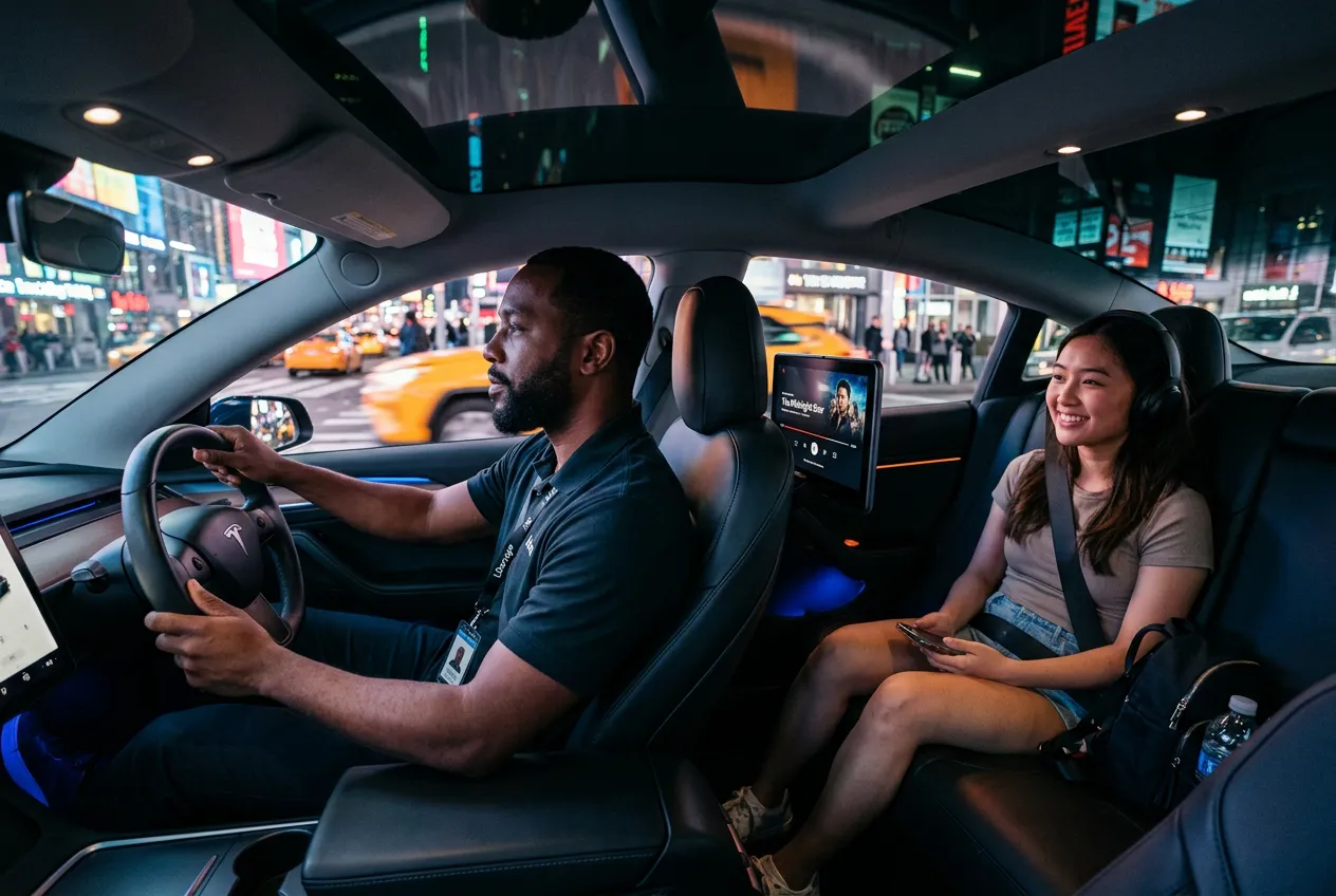 Uber driver in NYC with passenger watching IPTV on rear seat screen