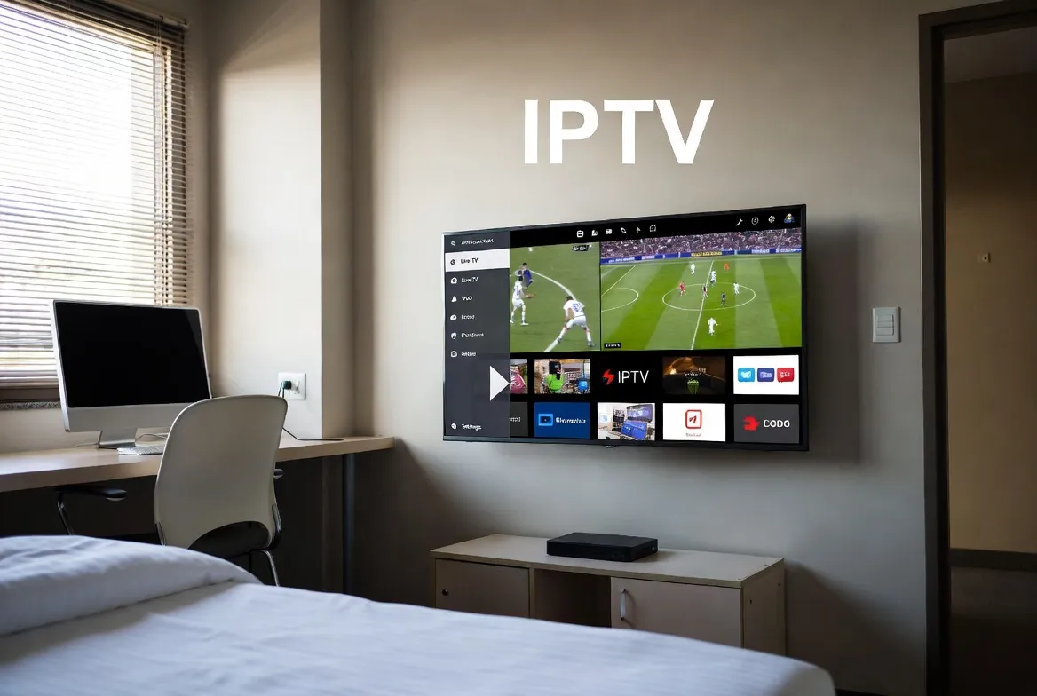 University dorm room with IPTV streaming on a wall-mounted TV