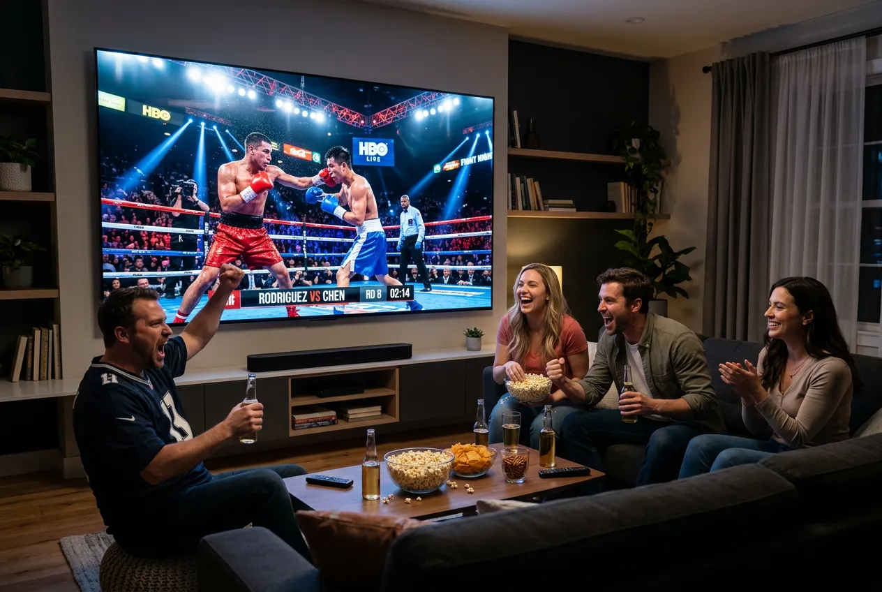 Friends celebrating a knockout during a boxing PPV streamed via IPTV
