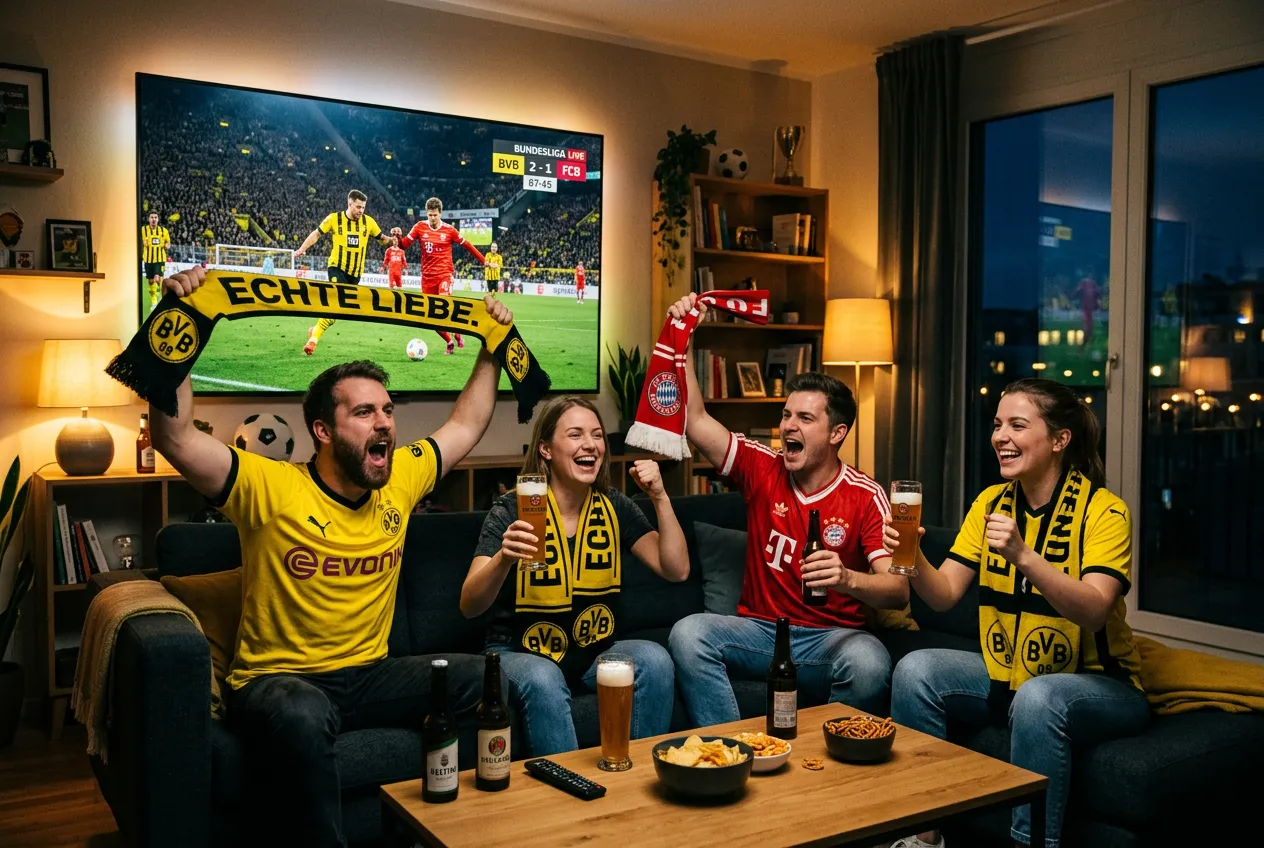 Bundesliga fans cheering BVB vs Bayern with scarves and beers