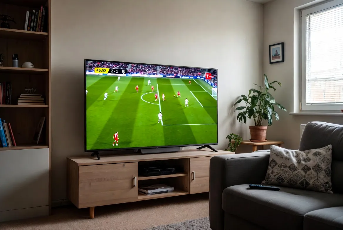 Bundesliga German football match live on IPTV in cozy living room