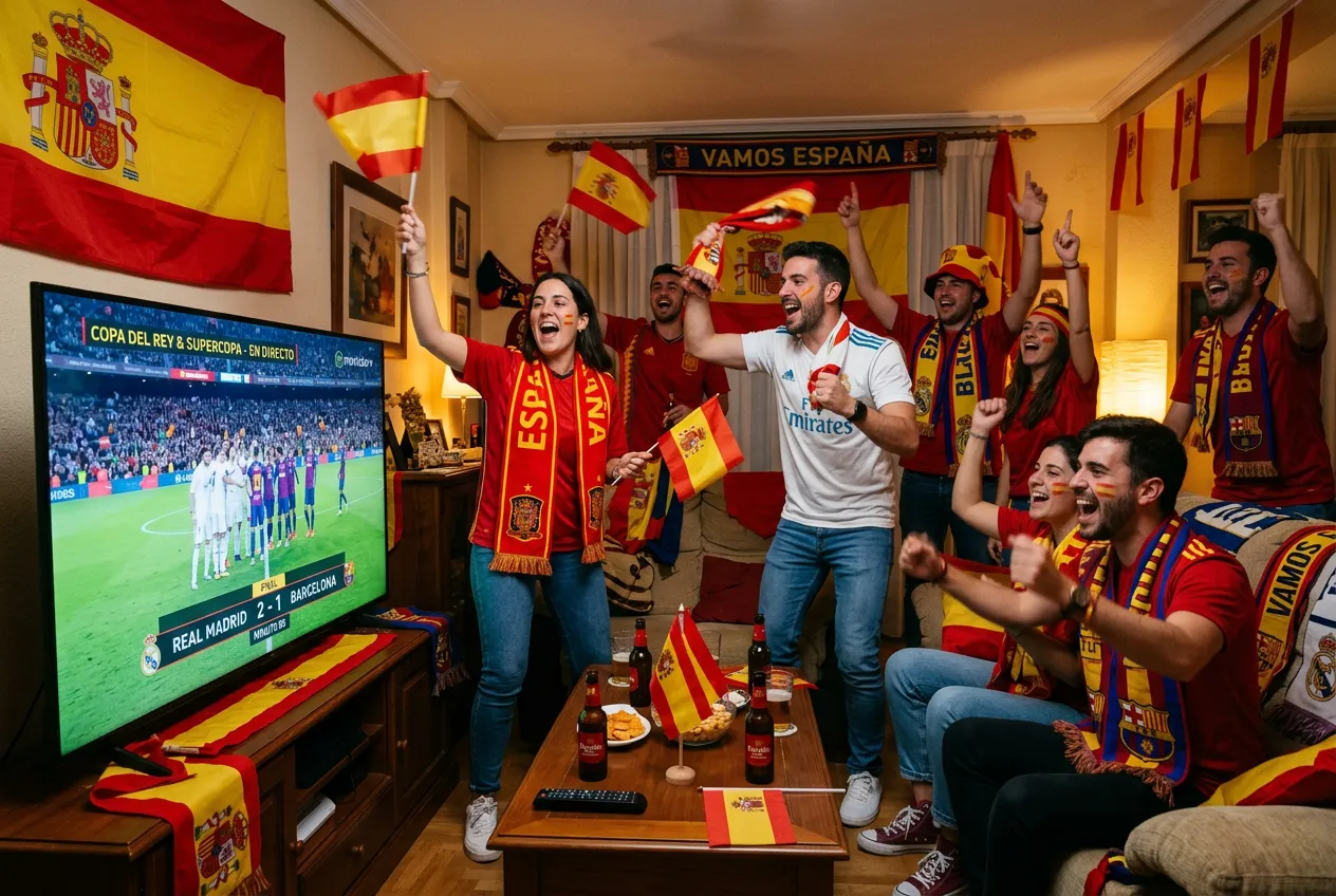 Spanish football fans celebrating Copa del Rey final on IPTV