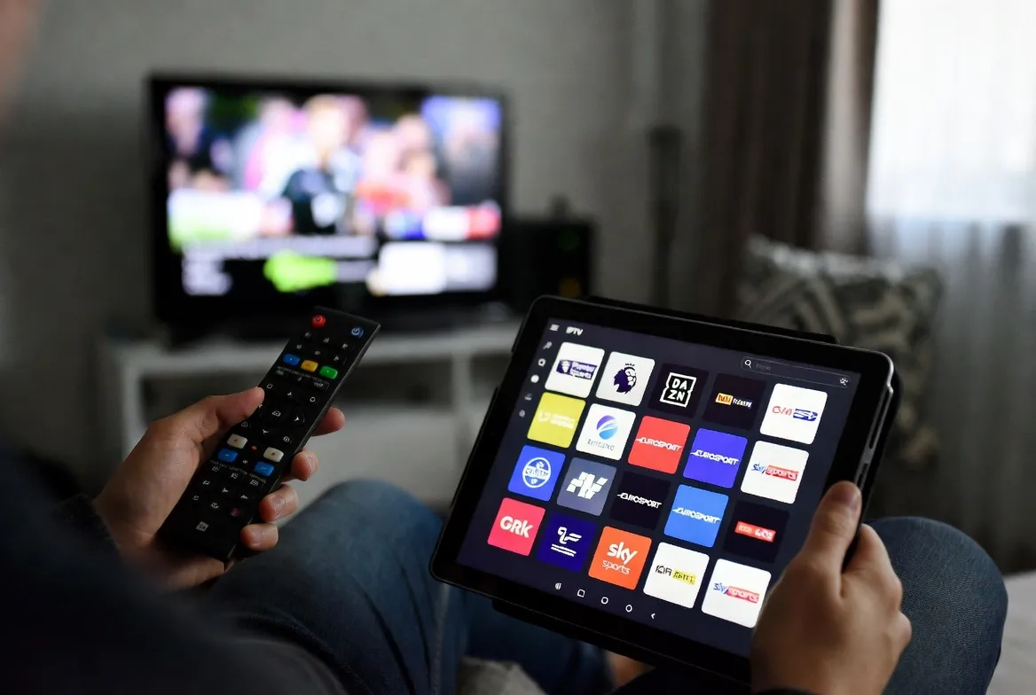 Viewer browsing niche sports channels including darts and handball on a tablet IPTV app