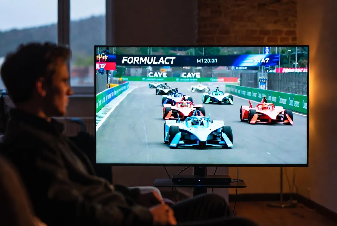 Watching a Formula E motorsport race live on a big screen TV