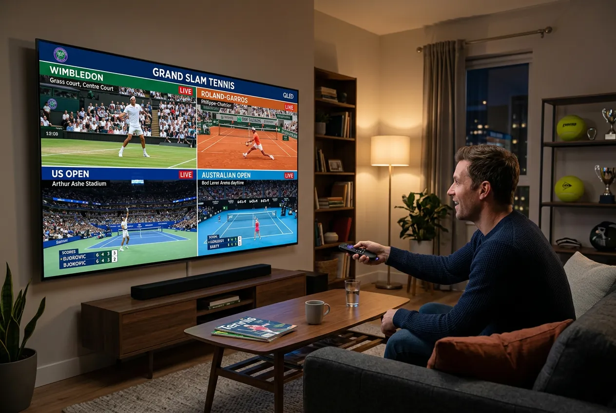 Smart TV showing all four Grand Slam tennis tournaments in a multi-view layout
