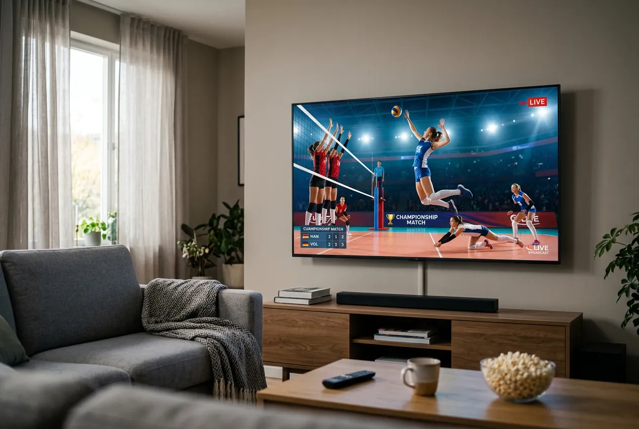 Volleyball championship match live on smart TV in modern living room