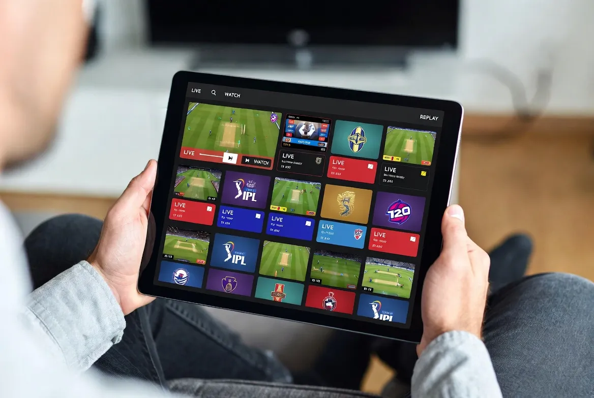 Tablet showing live IPL and T20 cricket matches via IPTV
