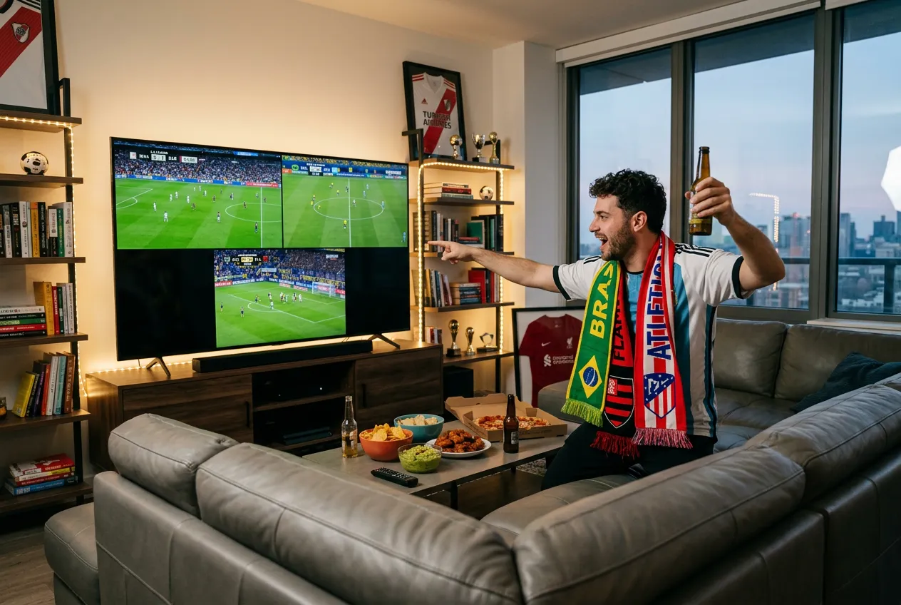 South American football fan with scarves cheering multi-screen La Liga and Libertadores