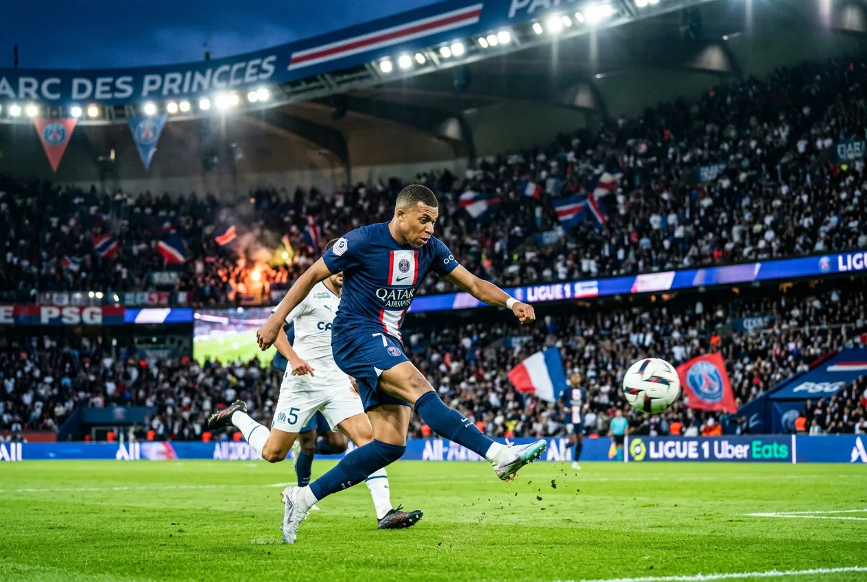 PSG football match at Parc des Princes stadium with Mbappe shooting