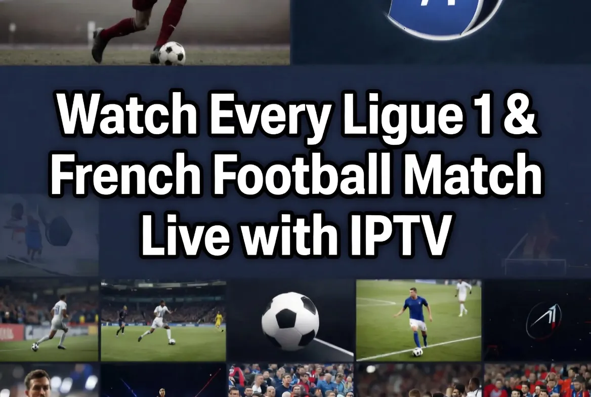 Ligue 1 French football match collage with live IPTV streaming graphics