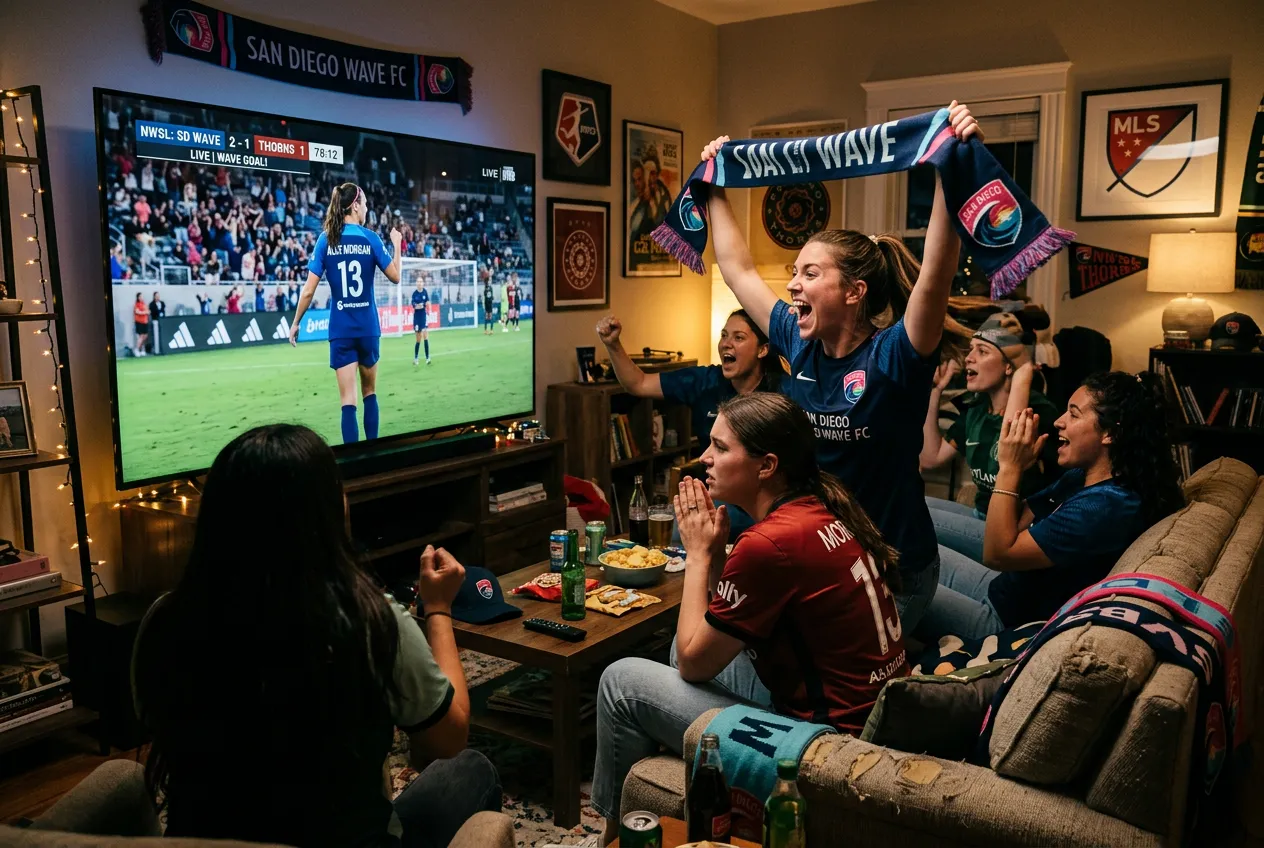NWSL fans cheering for San Diego Wave goal in a living room watch party