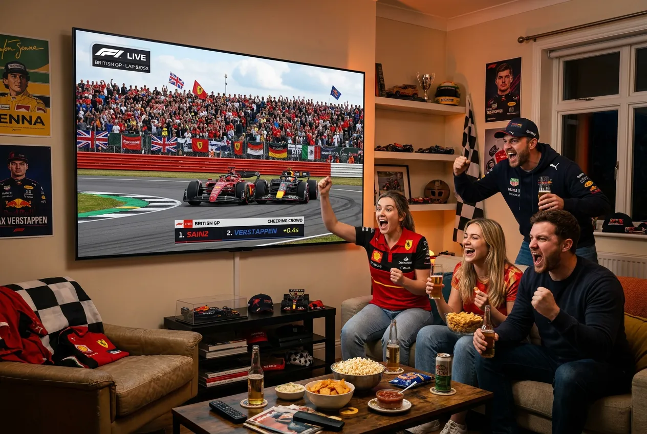 Friends cheering during a Formula 1 British Grand Prix race on a big-screen TV