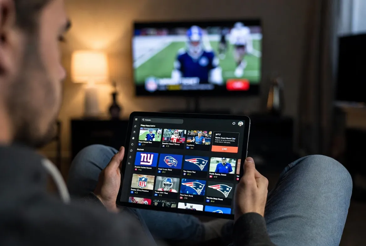 NFL game on TV with another viewer browsing teams on a tablet IPTV app