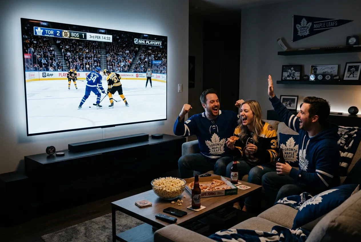 NHL playoff fans cheering during a live game streamed via IPTV