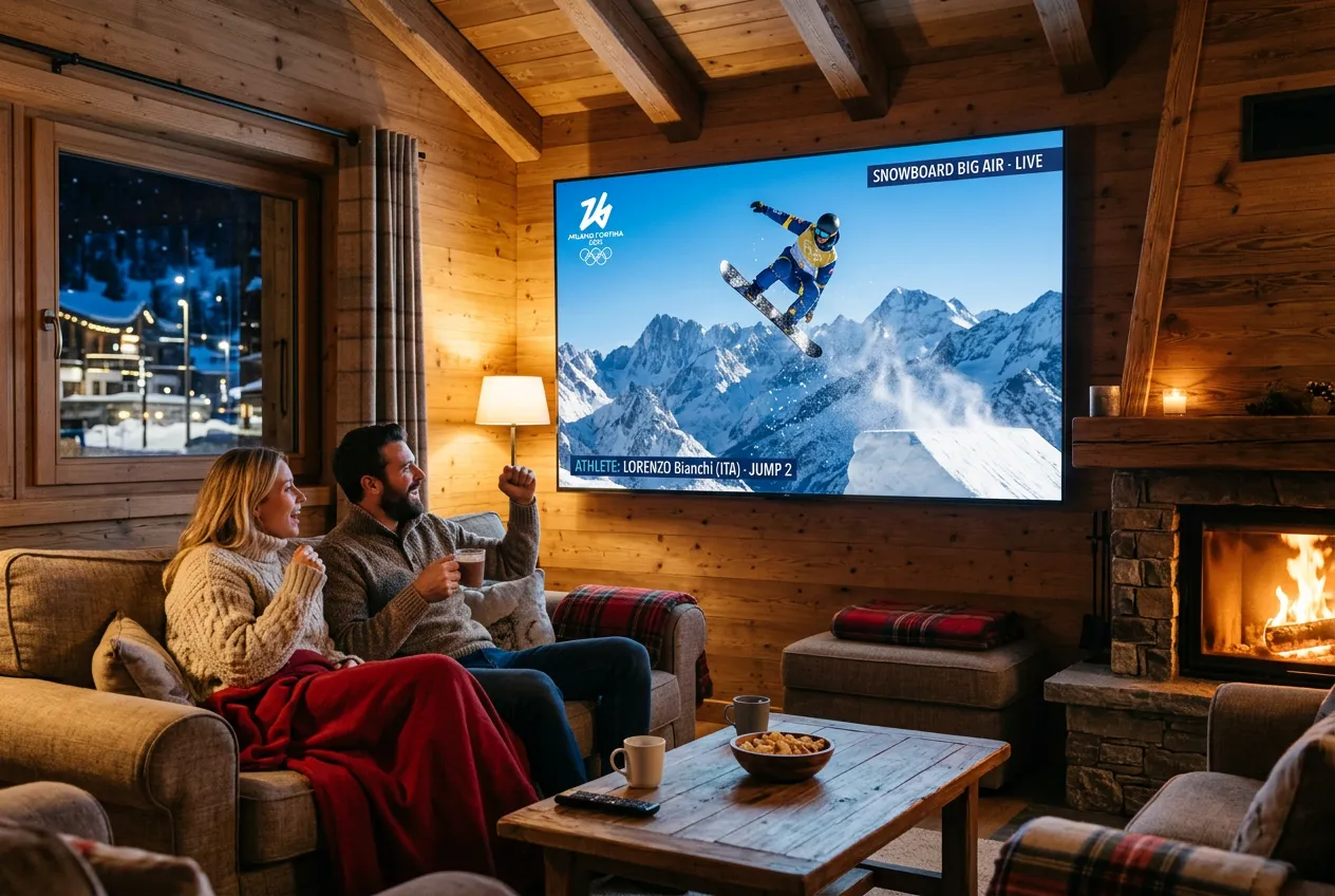 Couple watching Milano Cortina 2026 Winter Olympics snowboard event on IPTV