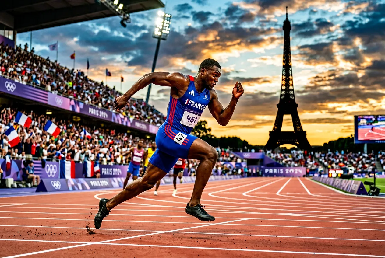 French sprinter on athletics track at sunset with Eiffel Tower in background