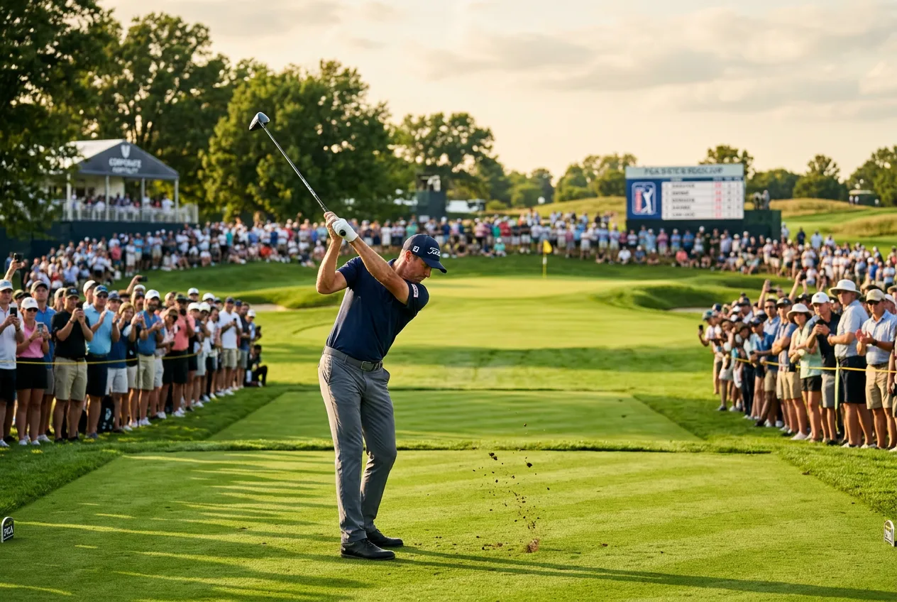 PGA Tour golfer teeing off on the 18th hole with crowd surrounding the fairway