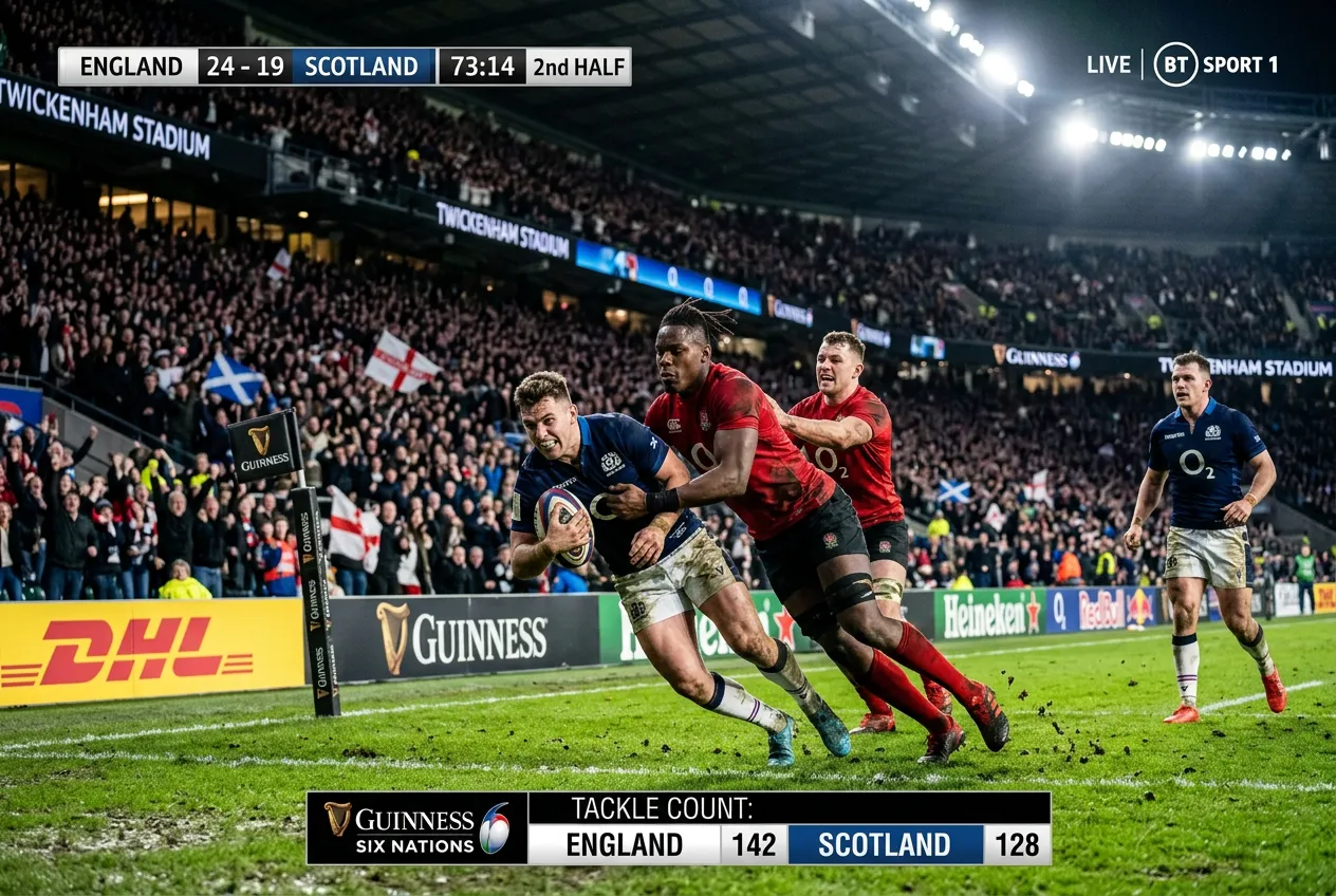 Six Nations rugby match at Twickenham Stadium with England vs Scotland scoreboard
