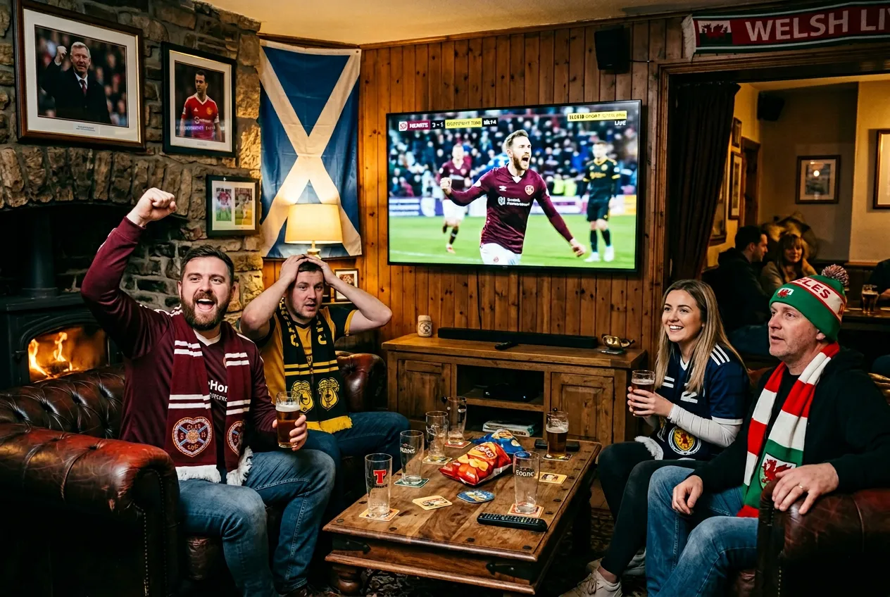 Scottish football fans celebrating in cozy pub with Premiership match on TV