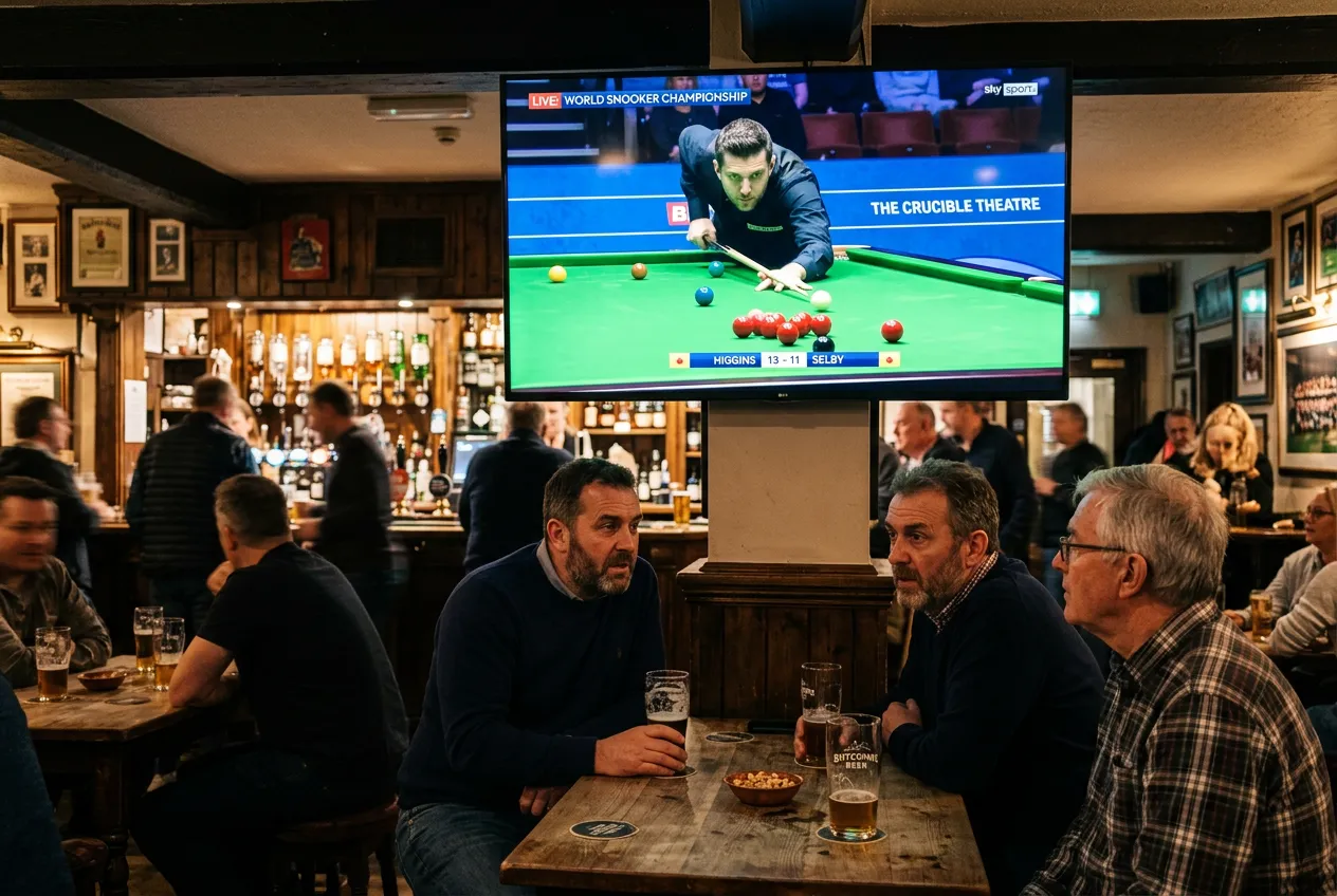 Pub patrons watching World Snooker Championship live on big screen with pints