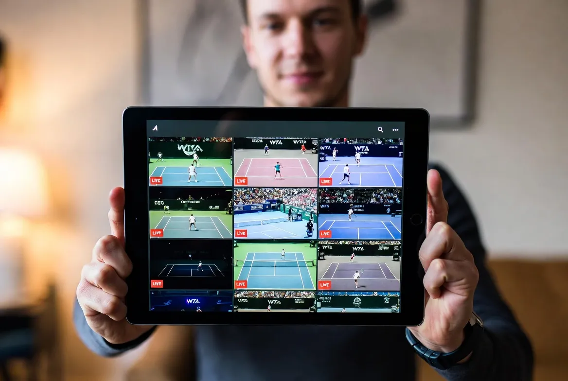 Tablet showing multiple ATP and WTA tennis matches live on IPTV