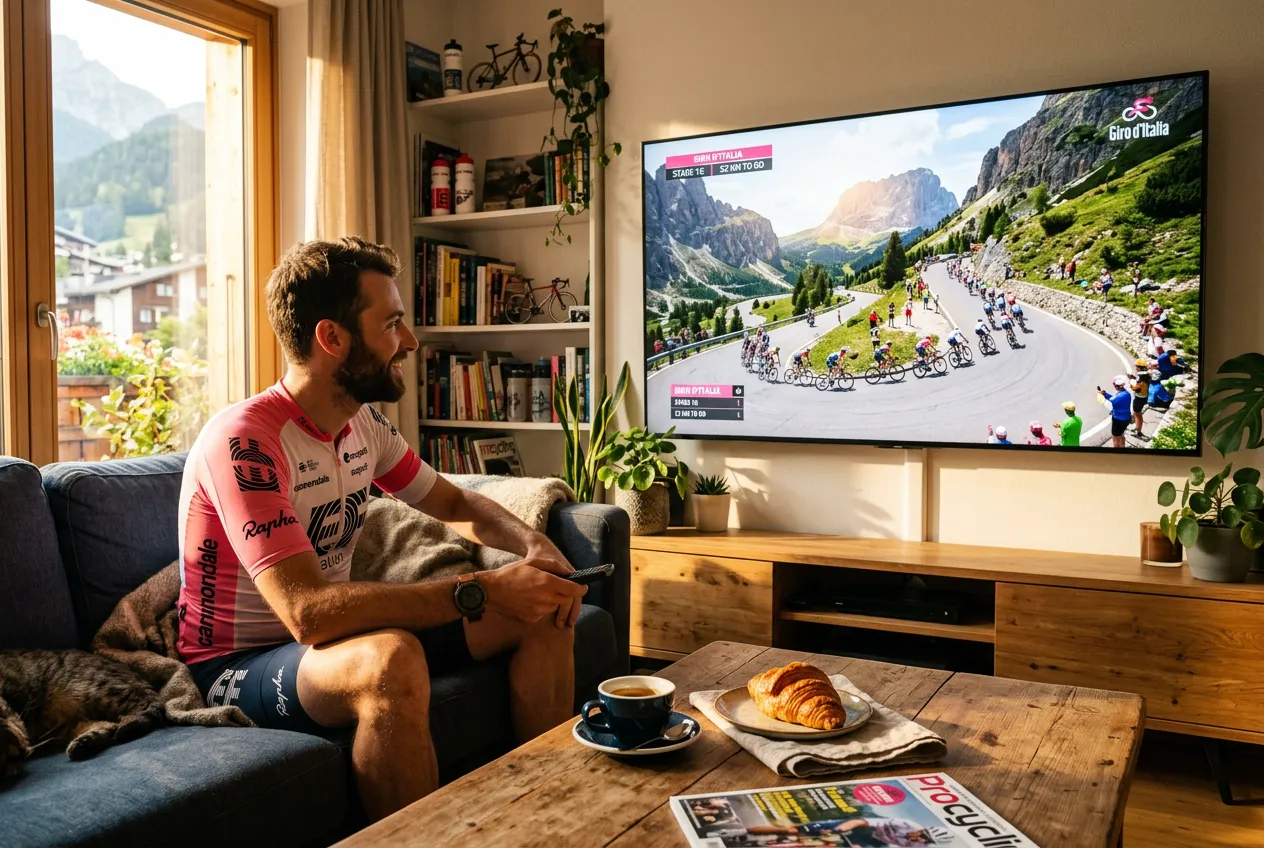 Cyclist watching Giro d'Italia stage live on a wall-mounted TV