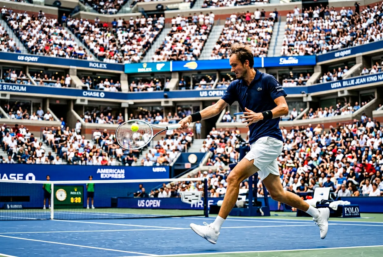 Tennis player hitting a forehand at the US Open Arthur Ashe Stadium