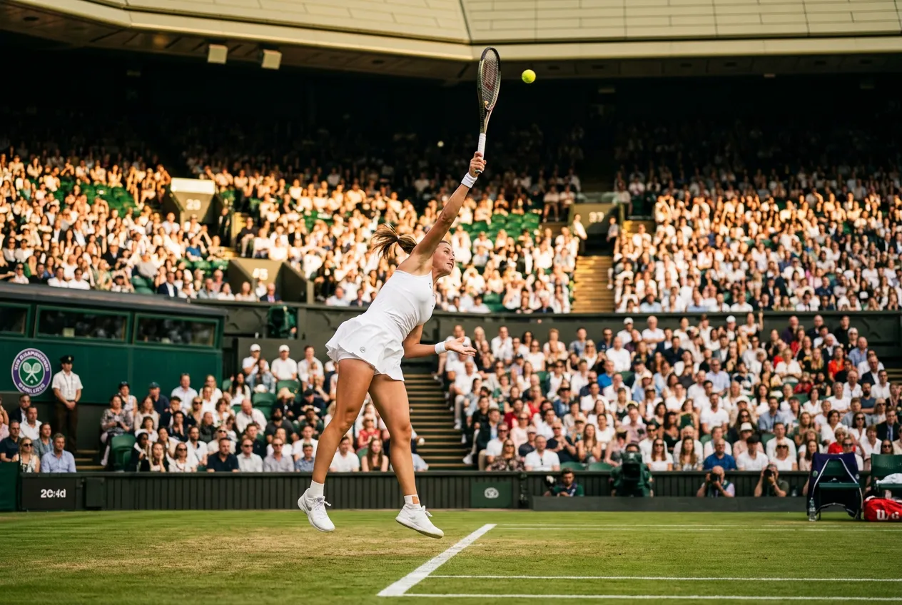 Tennis player serving on Wimbledon Centre Court with packed crowd