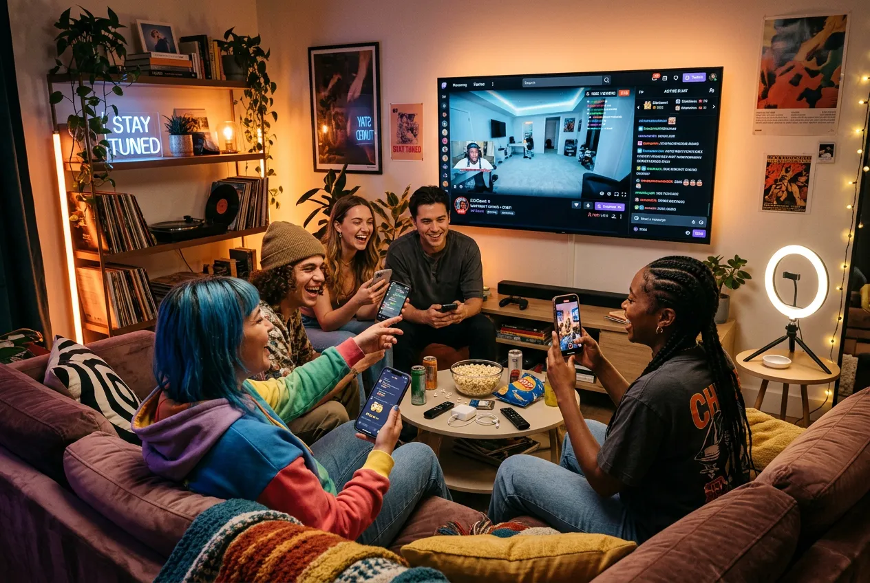 Gen Z friends streaming live TV together with phones and a smart TV