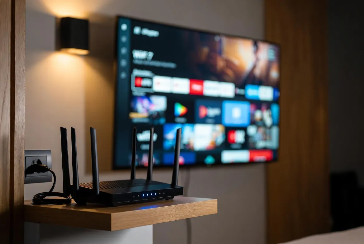 Modern WiFi 7 router next to a smart TV streaming IPTV without buffering